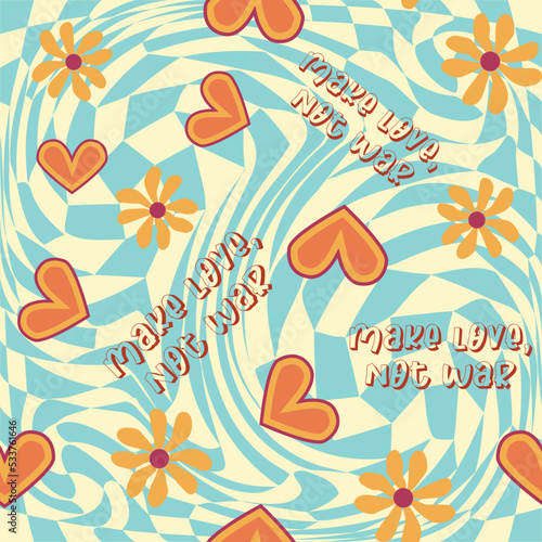 Love heart, daisies, waves of positivity retro 70s seamless pattern. Yellow, orange, red scattered heart shapes on a swirling background