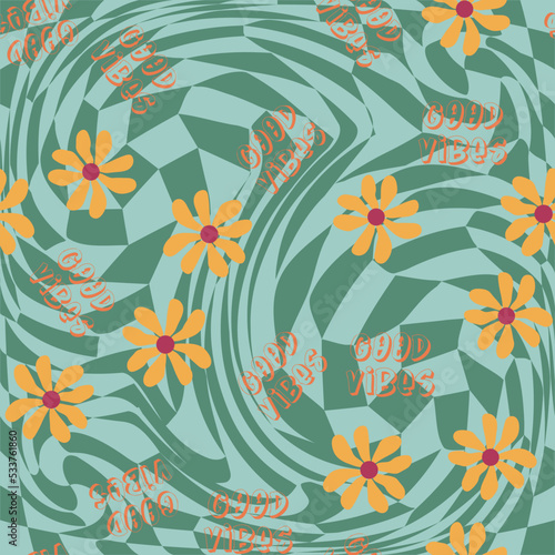 Love heart, daisies, waves of positivity retro 70s seamless pattern. Yellow, orange, red scattered heart shapes on a swirling background