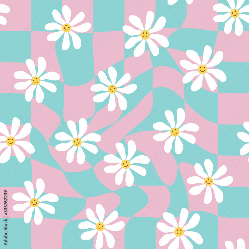 Retro Smile Chamomile Seamless Pattern on 1970 Wavy Swirl Seamless Pattern. Hippie Aesthetic. Retro Smile Chamomile Seamless Pattern on 1970 Wavy Swirl Seamless Pattern. Hippie Aesthetic.