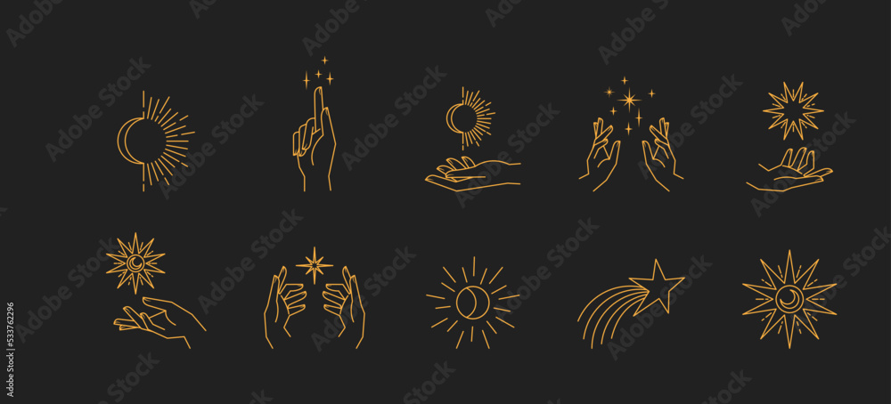 Aesthetic hands and cosmic and celestial elements. Universal cosmos related icons. Linear vector illustrations. Magic and Witchcraft symbology.