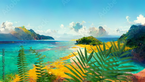  tropical landscape ,turquoise sea water blue bright sky and mountains on horizon palm trees and exotic flowers sunny island art