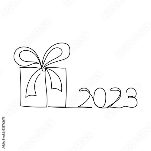 2023 year, Gift Box. Continuous one line drawing. Vector illustration. photo