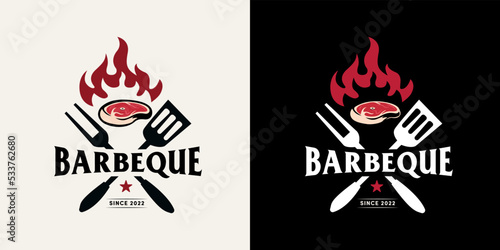 Barbeque logo concept combined with meat, fire and spatula