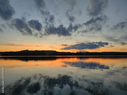 Sunset over the lake in Ternopil city  Ukraine 