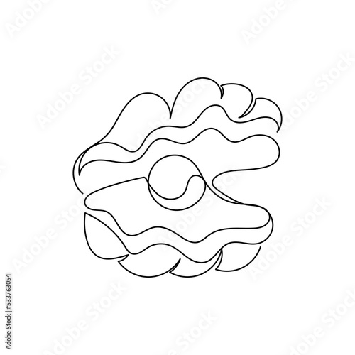 Continuous line drawing of sea shell with pearl . One line drawing design. Vector illustration