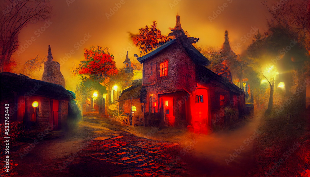 Fototapeta premium Mystical Autumn Night in the Old Ghost Village 3D Art Illustration. Small Old Town Creepy Misty Street with Lights and Weird Houses Halloween Background. AI Neural Network Generated Art Wallpape