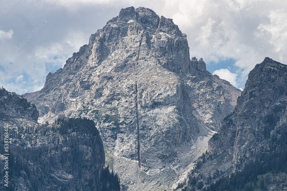 View of Middle Teton peak in Grand Teton National Park featuring the prominent diabase