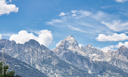 Landscape view of the Teton Range in Grand Teton National Park from Teton Glacier Turnout. The Grand Teton peak is located in the center of the image.