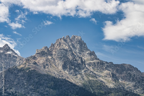 View of Teewinot Mountain from Teton Glacier Turnout in Grand Teton National Park.