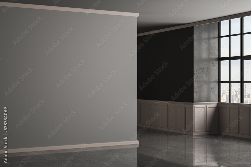 Obraz premium 3D rendering of gray home interior without furniture. Empty room, Mock up, copy space. 3D Rendering