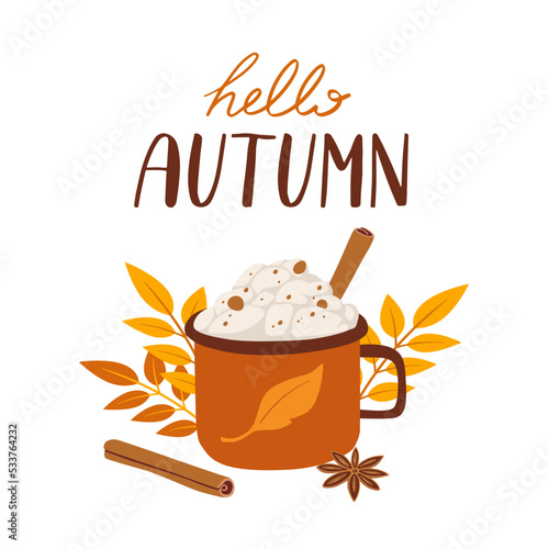 Vector illustration with cappuccino, latte cup and cinnamon.  International coffee day. Hand drawn autumn hot drink on white background.