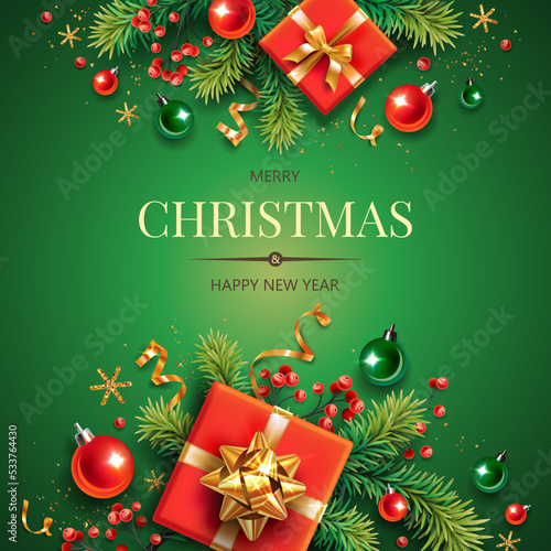 Square banner with gold and red Christmas symbols and text. Christmas tree, gifts, golden tinsel confetti and snowflakes on green background. Header for website template.
