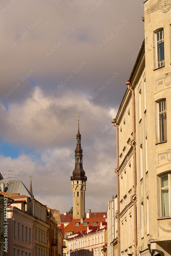 Naklejka premium The tower of a medieval cathedral in the old town in Tallinn, Estonia.