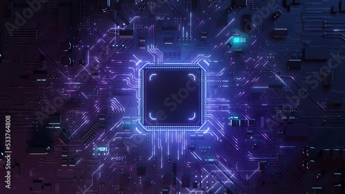 Concept animation shows the process of turning on the CPU in the motherboard. Digital pulses and signals from the chip propagate through the motherboard. 3d rendering.
