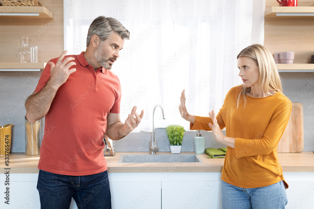 Fototapeta premium Emotional spouses having fight at home, shouting at each other