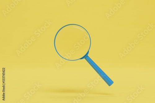 looking at objects in a magnifying glass. magnifier on a yellow background. 3D render