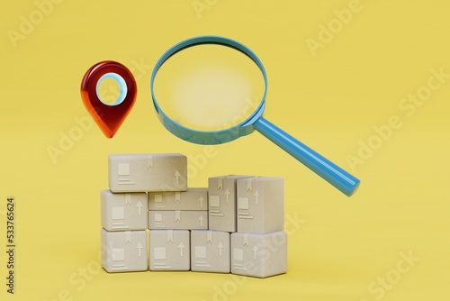 View shipping addresses. jps point, magnifying glass and parcel on a yellow background. 3D render photo