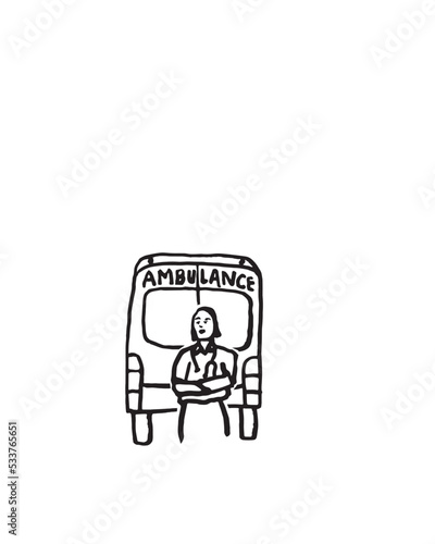 EMT in back of an Ambulance with Arms Crossed - Black and White Drawing