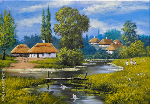 Beautiful spring landscape with river and trees. Beautiful big trees, stream, meadow with green grass. Oil paintings rural landscape with trees, fine art, artwork, landscape with lake and house