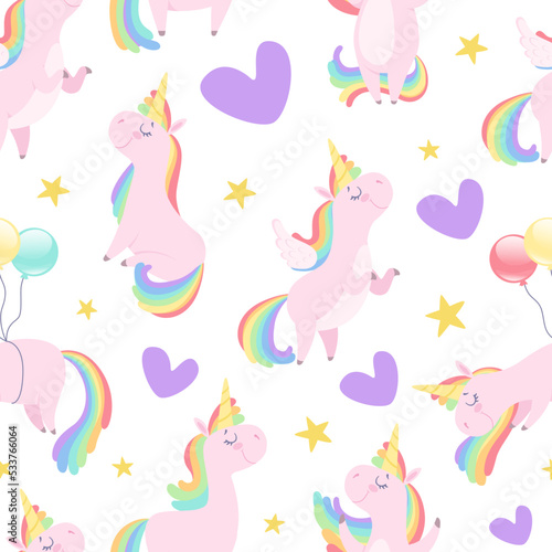 Cute Unicorn Seamless Pattern with Pretty Pony and Hearts Vector Template