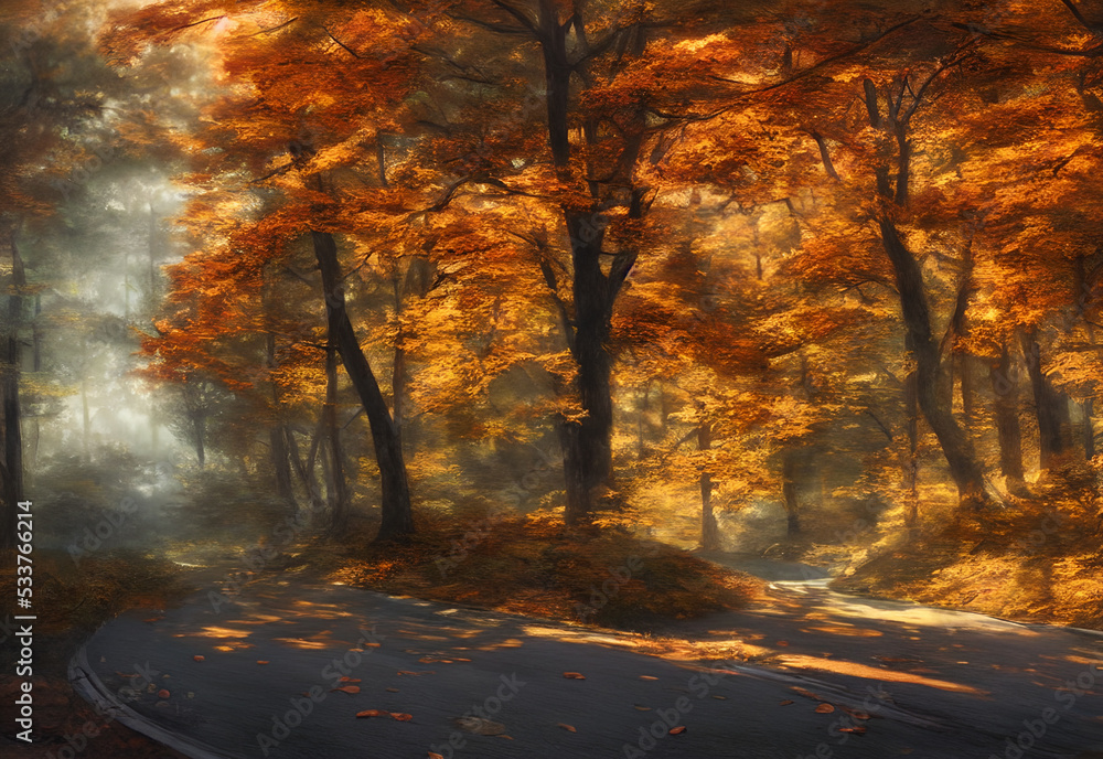 The autumn tourist road is enveloped in a warm, orange glow. The leaves on the trees are crisp and bright, red, yellow and brown. There is a cool breeze in the air, making the leaves dance and swirl a