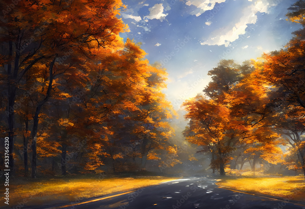 I'm driving down a road that's surrounded by autumn scenery. The trees are all different shades of red, orange, and yellow. I see some people walking around in the distance.