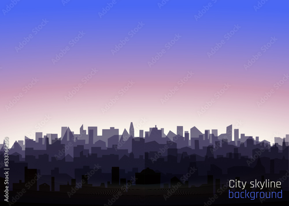 Morning landscape of modern city silhouettes. Cityscape with sunrise. Vector cityline background
