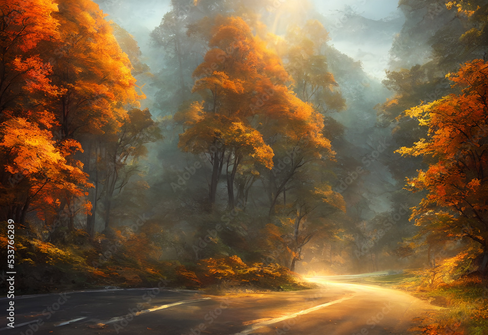 The autumn leaves are falling and the scenic tourist road is covered in a blanket of red, orange, and yellow. The trees are beautiful against the blue sky and the mountains in the distance complete th