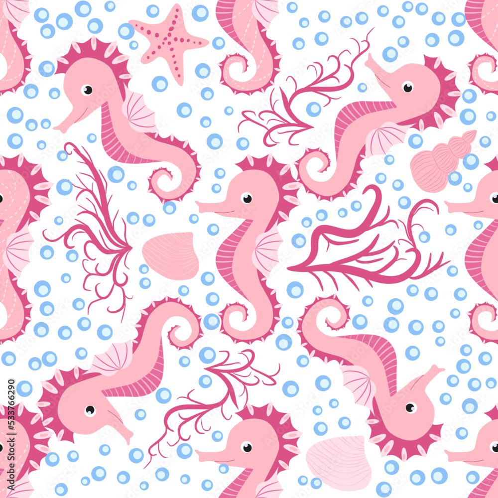 Fototapeta premium Seahorse and starfish seamless pattern. Sea life summer background. Cute sea life. Design for fabric and decor
