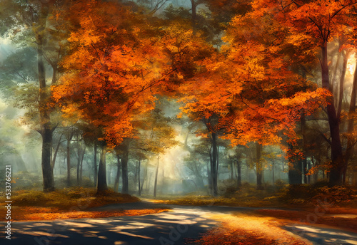 People are driving along a road that is lined with trees. The leaves on the trees are red  orange  and yellow  and the sky is a beautiful blue color.