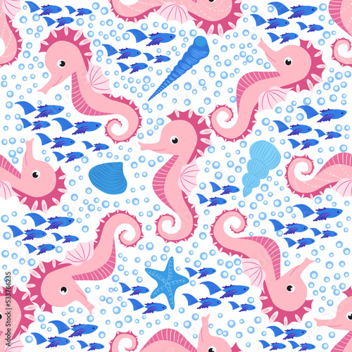 Seahorse and starfish seamless pattern. Sea life summer background. Cute sea life. Design for fabric and decor