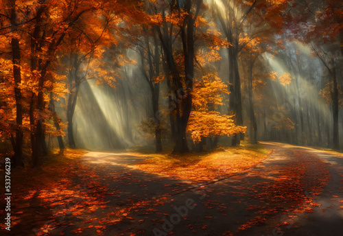 The autumn leaves are falling and the scenic tourist road is lined with trees. The sun is shining through the trees, providing a beautiful view.