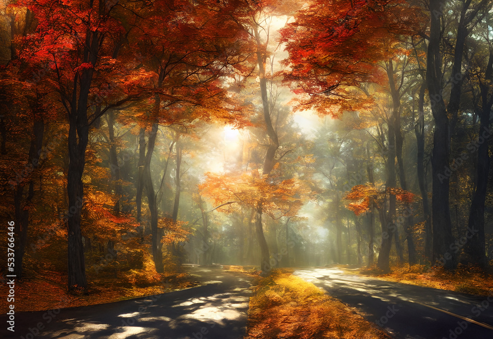 The autumn leaves are falling gently to the ground, creating a picturesque scene. The road is winding and scenic, lined with trees that are starting to change color. Tourists are enjoying the view fro