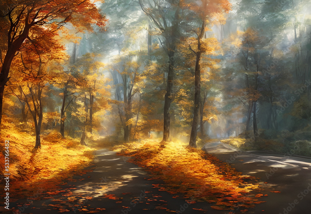 A winding road lined with trees in vibrant shades of red, orange, and yellow stretches out before the viewer. The leaves are at the peak of their color and contrast sharply against the bright blue sky A winding road lined with trees in vibrant shades of red, orange, and yellow stretches out before the viewer. The leaves are at the peak of their color and contrast sharply against the bright blue sky