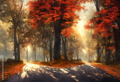 The autumn leaves are falling and the scenic tourist road is covered in a blanket of red, orange, and yellow. The trees are beautiful against the backdrop of blue skies.