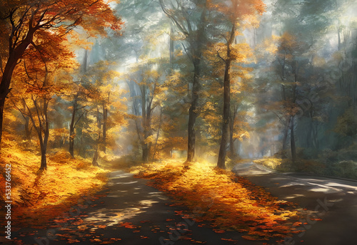A winding road lined with trees in vibrant shades of red, orange, and yellow stretches out before the viewer. The leaves are at the peak of their color and contrast sharply against the bright blue sky