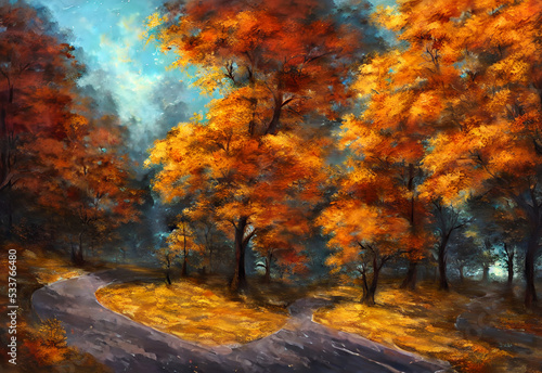 A bright red and orange leaves cover the ground as far as the eye can see. A curvy road leads through the trees, with no cars in sight. The calmness of nature is interrupted by a quick gust of wind th