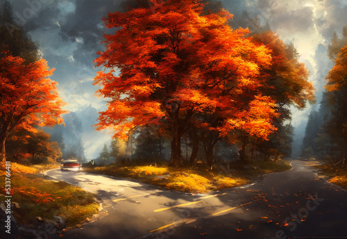 The leaves on the trees are turning red and yellow, making for a beautiful autumn scene. The road is winding and scenic, perfect for tourists to take in the sights. © dreamyart