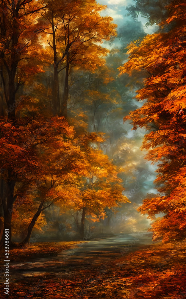 Fototapeta premium The air is crisp and the leaves are falling. The road is winding and lined with trees. There are mountains in the distance.