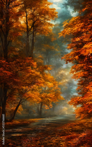 The air is crisp and the leaves are falling. The road is winding and lined with trees. There are mountains in the distance. © dreamyart
