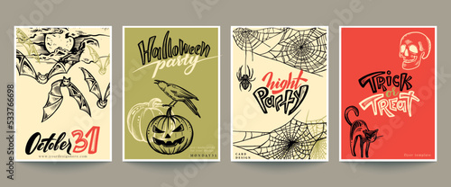 Set of four vector Halloween pre-made cards or posters with hand drawn elements and abstract texture.