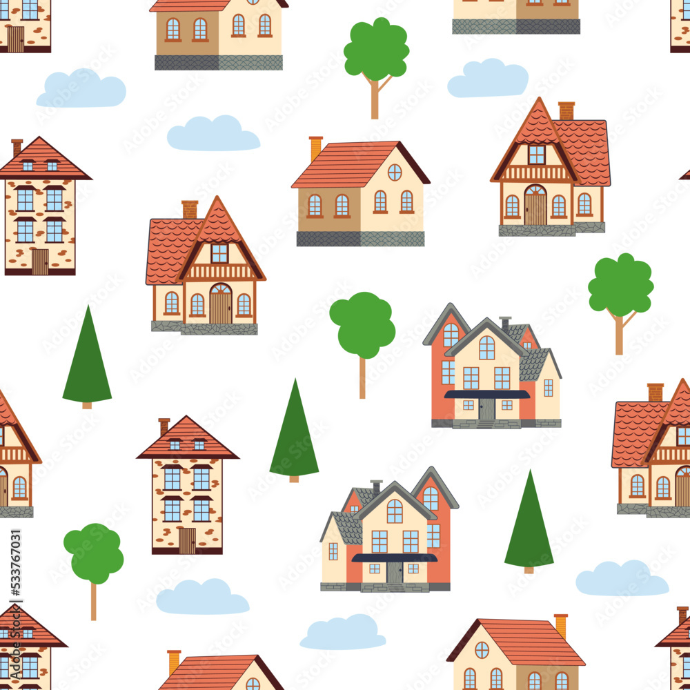 Seamless pattern of different colorful houses. Seamless pattern of different colorful houses.