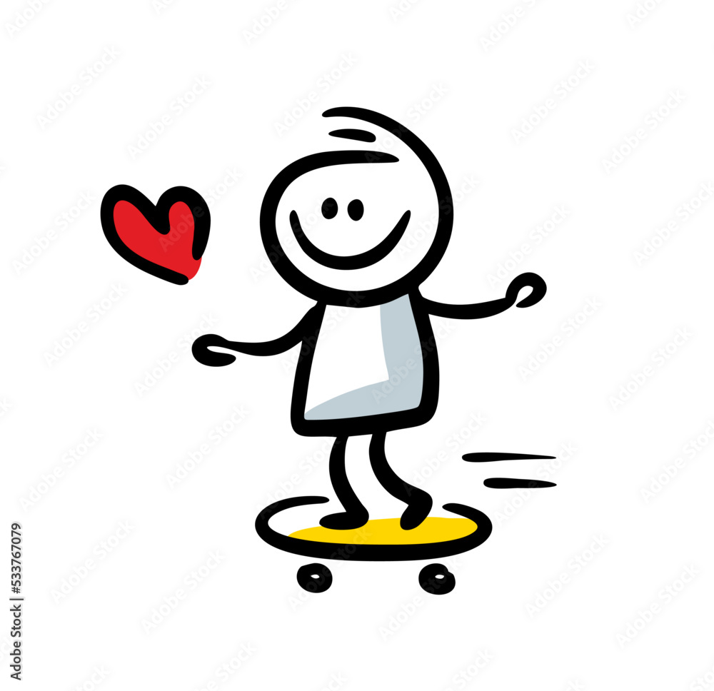 Doodle cartoon man skating follow the flying heart.