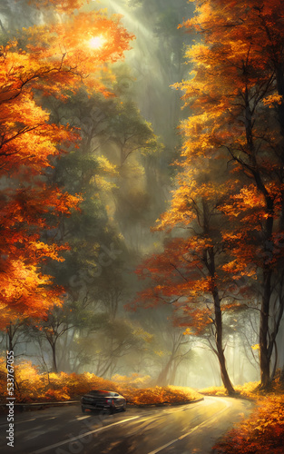 A beautiful, winding road made of red and orange leaves. The sky is a deep blue, with fluffy white clouds. The trees are tall and green, with some already changing color. There are mountains in the di © dreamyart