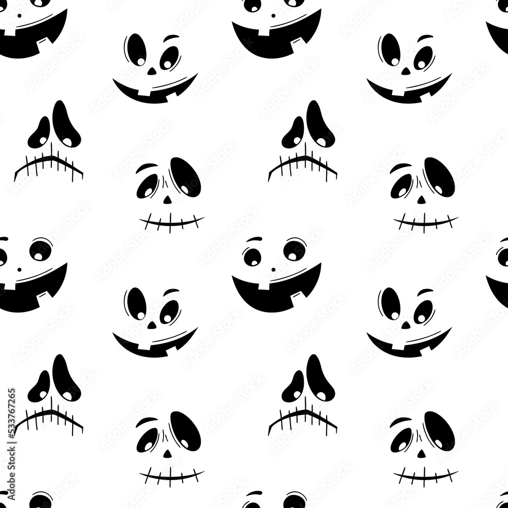 Naklejka premium Seamless pattern with emotions halloween pumpkins on white background. Funny faces for scrapbook digital paper, textile print, page fill. Vector illustration