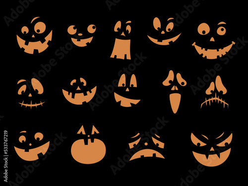 Scary and funny Halloween pumpkin or ghost faces set on black background. Collection carved faces silhouettes. Halloween Masks. Smiling faces. Pumpkin smile. Vector illustration