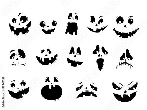 Scary and funny Halloween pumpkin or ghost isolated faces set. Collection carved faces silhouettes. Halloween Masks. Smiling faces. Pumpkin smile. Vector illustration