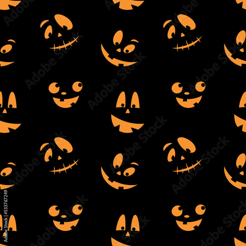 Seamless pattern with orange emotions halloween pumpkins on a black background. Funny faces for scrapbook digital paper, textile print, page fill. Vector illustration