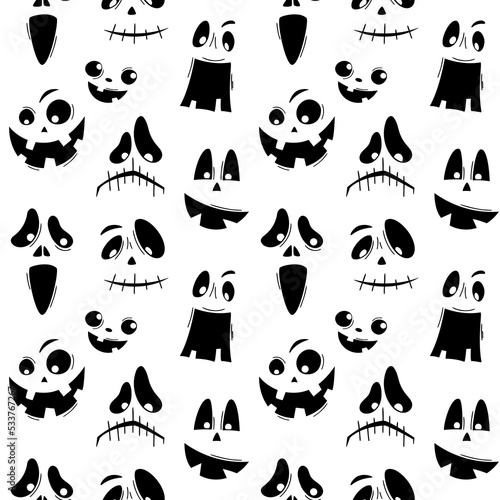 Seamless pattern with emotions halloween pumpkins on white background. Funny faces for scrapbook digital paper, textile print, page fill. Vector illustration
