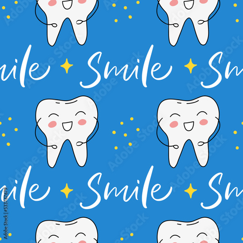 Seamless pattern of teeth with Smile slogan. Vector illustration. Concept of medical cabinet, dentistry advertising. Design print to social media, ad, textile, wallpaper, wrapping paper, poster.